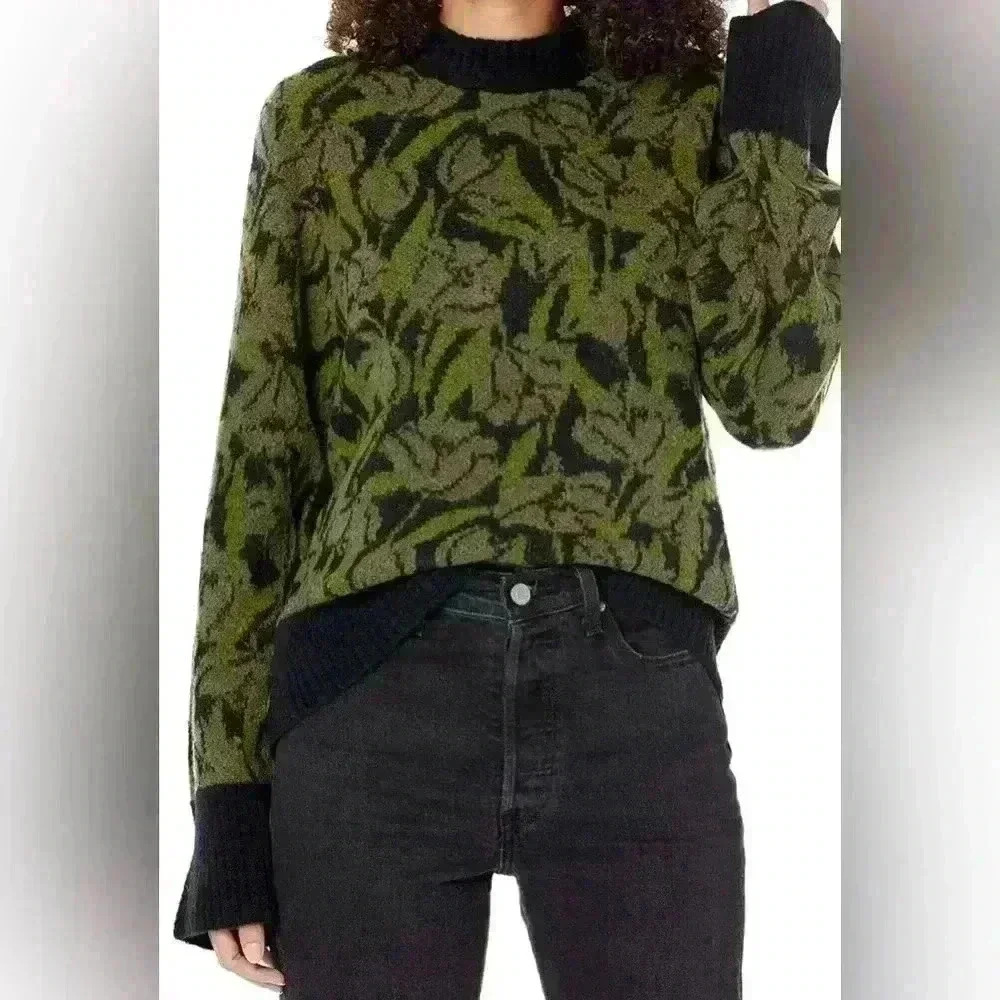 Joie $278 Wool Junot Crewneck Pullover Caviar Green Black Sweater‎ Twee Preppy